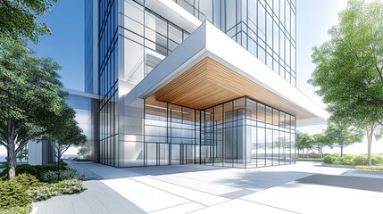 Abstract perspective of a high-rise office exterior, showcasing sharp architectural details and clean lines for a striking modern look. 