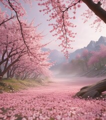Falling sakura petals create a pink haze against a softly blurred spring landscape ,  pink,  artwork