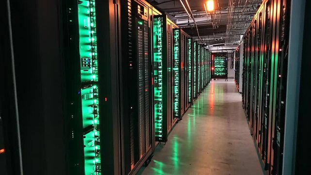 Inside Data Center: Rows of Illuminated Servers and Network Equipment for Processing