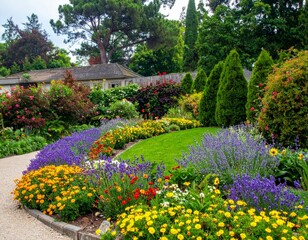 Obraz premium Vibrant and Colorful Garden Pathway Surrounded by Flourishing Plants