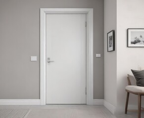 Modern white interior door, sleek handle closed ,  room,  white background,  home decor