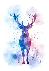 Fototapeta premium Blue and purple watercolor deer silhouette