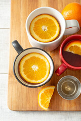 A top down view of the preparation of a hot toddy drink.