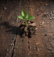 Tiny sprout emerges from decaying wood, vibrant green against dark brown , macro, roots, environment