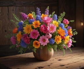 Spring blooms in vibrant bouquet, illuminated by warm lamplight on rustic wood ,  fresh flowers,  soft light,  botanical