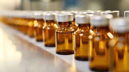 Pharmaceutical vials aligned on production line, liquid injectable solutions