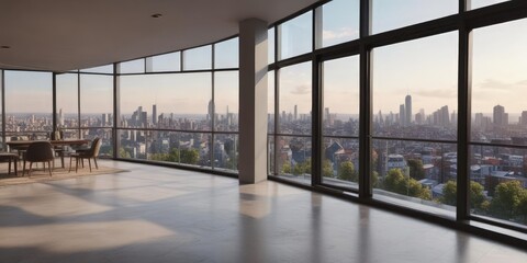 Modern apartment, panoramic city view from large window,  contemporary,  bathroom