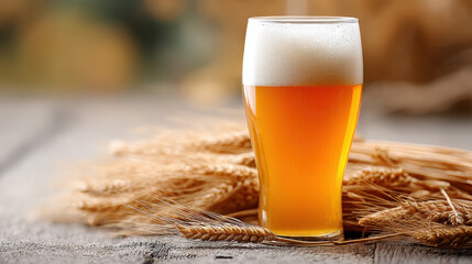 Close-up of wheat and beer in a glass on a concrete table, with a wheat field in the background