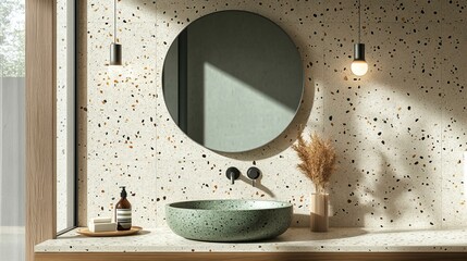 Modern Bathroom Interior Design With Terrazzo And Round Mirror