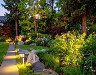 Obraz premium Serene Night Garden with Pathway and Soft Landscape Lighting
