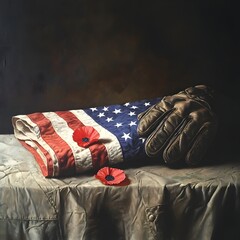 Naklejka premium American flag, poppies, and a leather glove, a poignant still life of remembrance