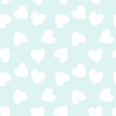 Minimal hand drawn White Hearts Seamless Pattern on Soft Blue Background - Baby Blue Theme. Ideal for Fabric, Print, Wrapping Paper, and Baby Nursery Decoration.