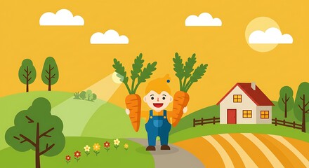 Naklejka premium Child Holding Carrots in Farm Scene with House and Field