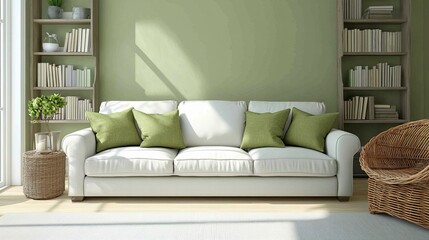 Minimalist Living Room Interior With White Sofa And Green Accent Pillows