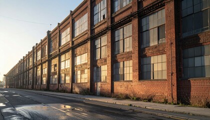 Obraz premium Sunlit Urban Warehouse with Red Brick Facade and Large Windows