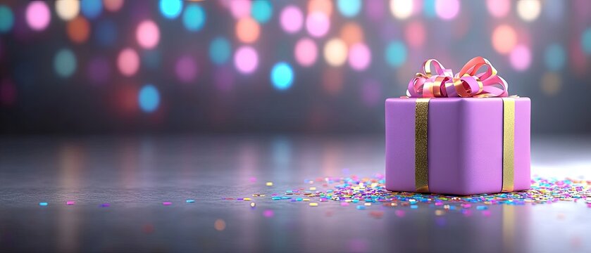A purple gift box with a pink bow on a reflective surface with colorful confetti and lights