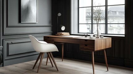 Stylish Home Office Desk With Modern Chair By Window