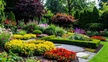 Obraz premium Vibrant Garden Landscape with Colorful Flowers and Green Foliage
