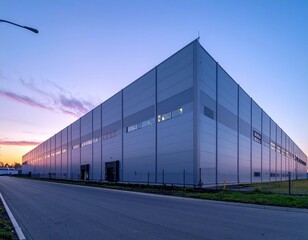 Fototapeta premium Modern Industrial Warehouse at Sunset with Clear Blue Sky Background