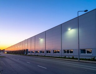 Obraz premium Modern Industrial Warehouse at Sunrise with Utility Poles and Road
