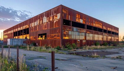 Obraz premium Abandoned Industrial Building with Rusted Exterior and Overgrown Grass