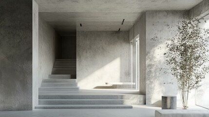Modern Concrete Interior Design With Staircase And Plant Decor