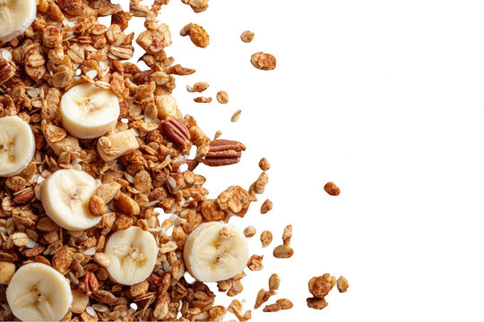 Delicious granola with banana slices and pecans healthy breakfast cereal on transparent background