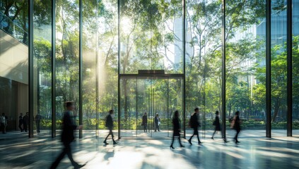 Urban workplace, people moving through a modern glass atrium. Sunlight streams through greenery