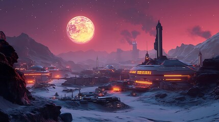 Futuristic lunar colony glows beneath a bright moon amidst a red sky landscape