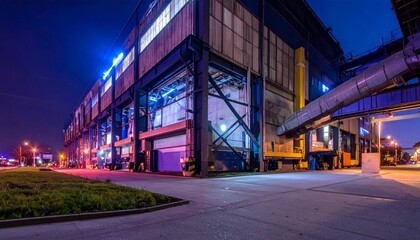 Obraz premium Nighttime Industrial Scene with Illuminated Factory and Equipment