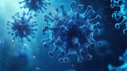 Close-up of Detailed 3D Illustration of COVID-19 Virus Particle with Spike Proteins in Dark Background Showcasing Microbial Structure and Infectious Disease Concept