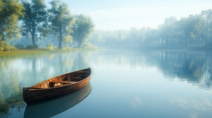 Obraz premium Serene peaceful lake landscape with calm water reflecting trees and sky du morning mist with wooden boat resting on tranquil surface in nature setting
