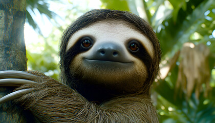 Fototapeta premium Adorable three-toed sloth smiling in lush rainforest, close-up.