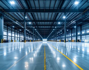 Fototapeta premium Vast and Empty Warehouse Interior with High Ceilings and Lighting