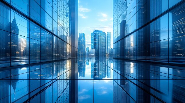 Architectural wallpaper of a futuristic cityscape, skyscrapers dominating the skyline and reflecting light in a dynamic urban setting.  