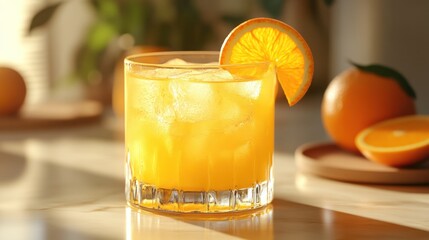Fototapeta premium Refreshing glass of cold orange juice with ice cubes and a slice of orange served on a table with whole and sliced oranges in the background in natural sunlight