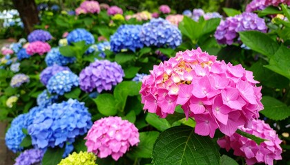 Vibrant Hydrangea Blooms in Various Colors Surrounded by Green Foliage