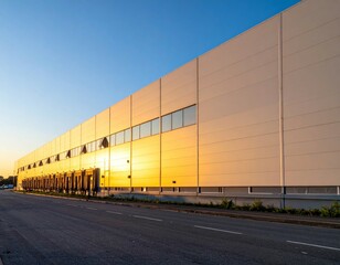 Modern Warehouse Building with Sunlight Reflection on Facade