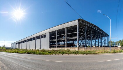Fototapeta premium Industrial Warehouse Structure Under Clear Blue Sky Near Road