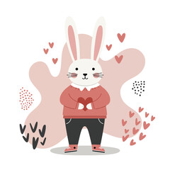 Cute bunny holding heart shape with pink and black abstract background vector illustration for Valentine or love theme 