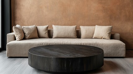 Contemporary Living Room, Modern Interior Design, Neutral Palette, Dark Wood Round Table