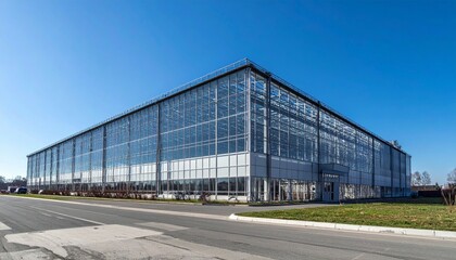 Obraz premium Modern Glass Building with Clear Sky and Urban Setting