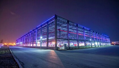 Obraz premium Modern Industrial Warehouse at Night Illuminated with Colorful Lights