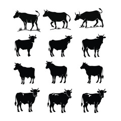 Cow Silhouette Vector Icon Set – Farm Animal Clipart Bundle for Cricut, Sublimation & Print Projects, cow silhouette vector, cow clipart bundle, cow svg files, farm animal vector, cow icon pack. 