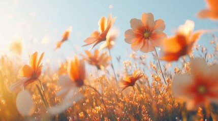 Sun-Kissed Cosmos: A Serene Meadow of Orange Blossoms Under a Clear Azure Sky