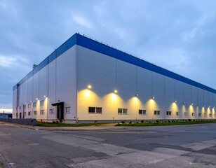 Large Modern Warehouse Building with Exterior Lighting at Dusk