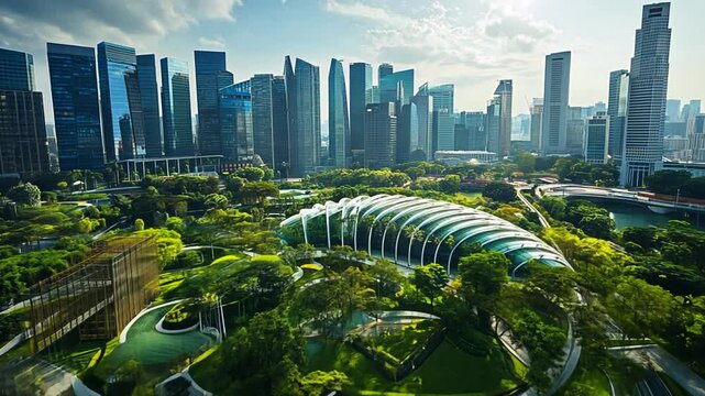 Singapore cityscape with iconic Gardens by the Bay and modern skyscrapers aerial view
