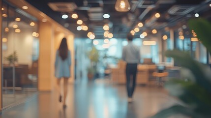 Blurred office ambiance featuring professionals and soft focus decorative lighting