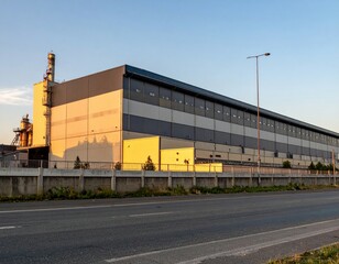 Obraz premium Industrial building with sunset lighting near city road landscape