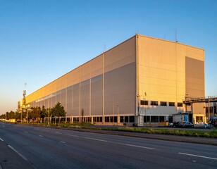 Modern Industrial Warehouse Exterior at Sunset with Clear Skies